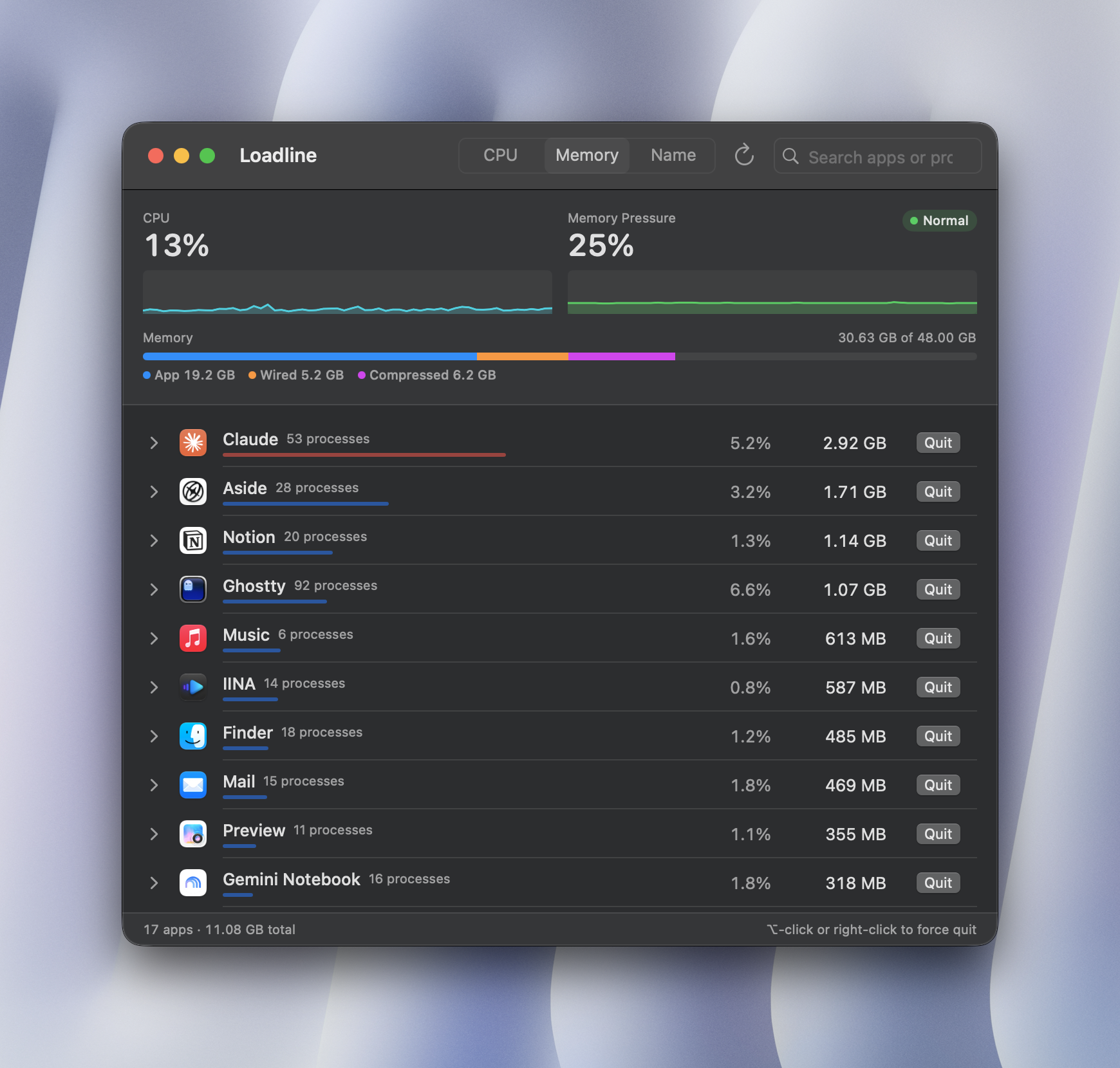 Loadline details window listing apps by memory